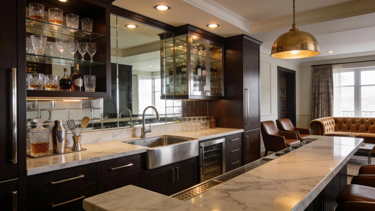 Elegant luxury home bar with high-end features, showcasing sophisticated design elements and warm ambiance.