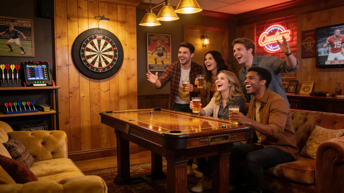 Stylish home game room showcasing dart board and pub table in a warm, inviting setting
