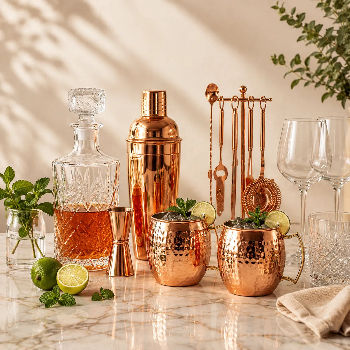 Copper cocktail mugs, a shaker, fresh limes, mint, and glassware on marble.