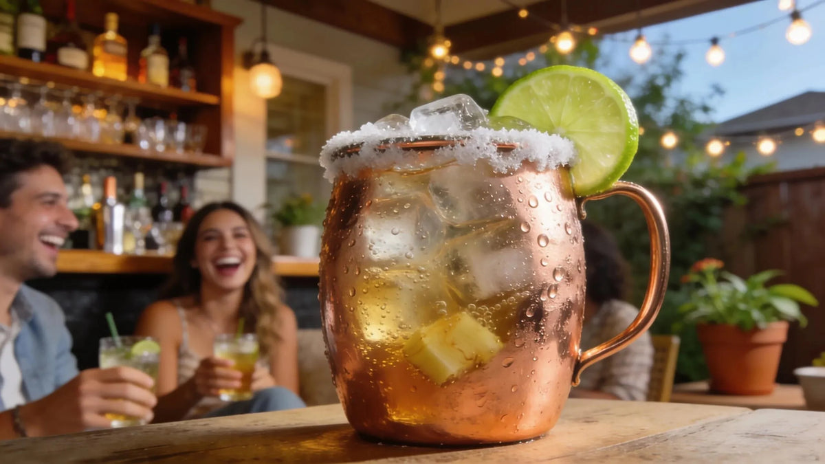 Refreshing Moscow Mule cocktail in a copper mug, highlighting the drink's ingredients and aesthetic appeal in a lively setting