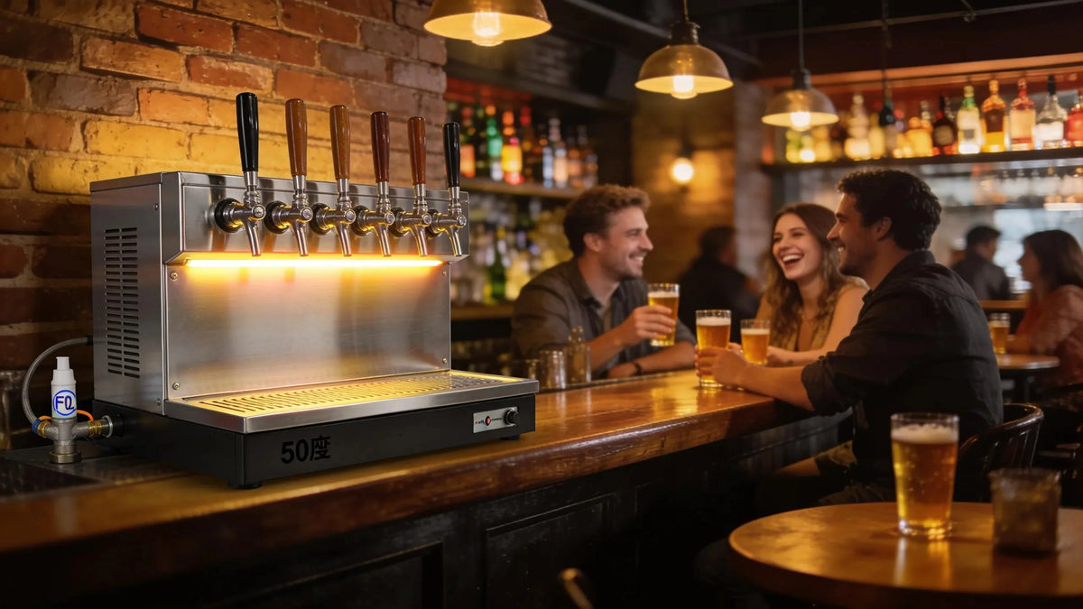 Commercial draft beer dispensers in a lively bar, featuring both 50-seat systems and countertop CO2 solutions