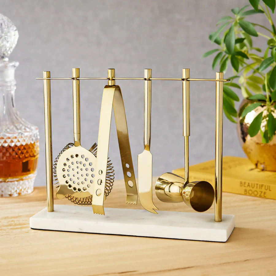 Twine 4-Piece Bar Tool Set in Gold with Marble and Stainless Steel Stand