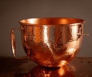 Hand-hammered solid copper mixing bowl for KitchenAid lift stand mixers, featuring a polished finish and sturdy side handle.