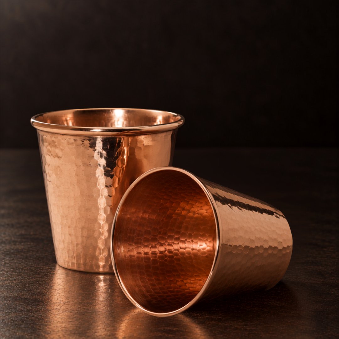 Two handcrafted Apa copper water cups with a durable, polished hammered finish on a dark surface.