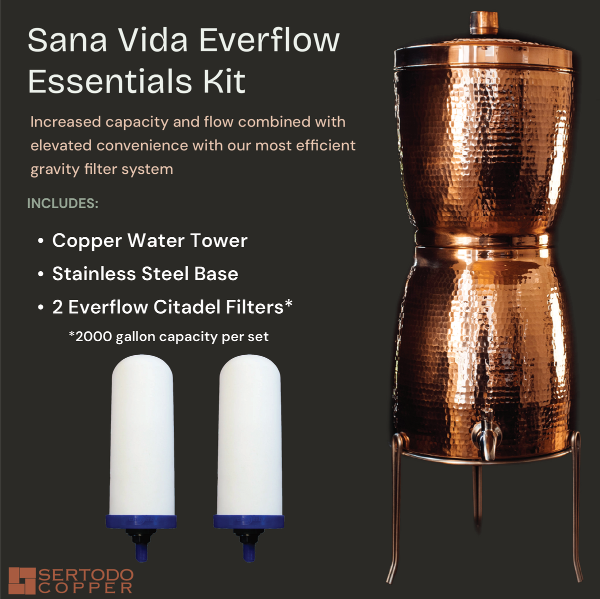 Sana Vida EverFlow Essentials Kit featuring a handcrafted, hammered solid copper gravity water filter and two filters.