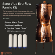 Sana Vida EverFlow Family Kit featuring a hammered copper water tower with four ceramic and carbon filtration elements.