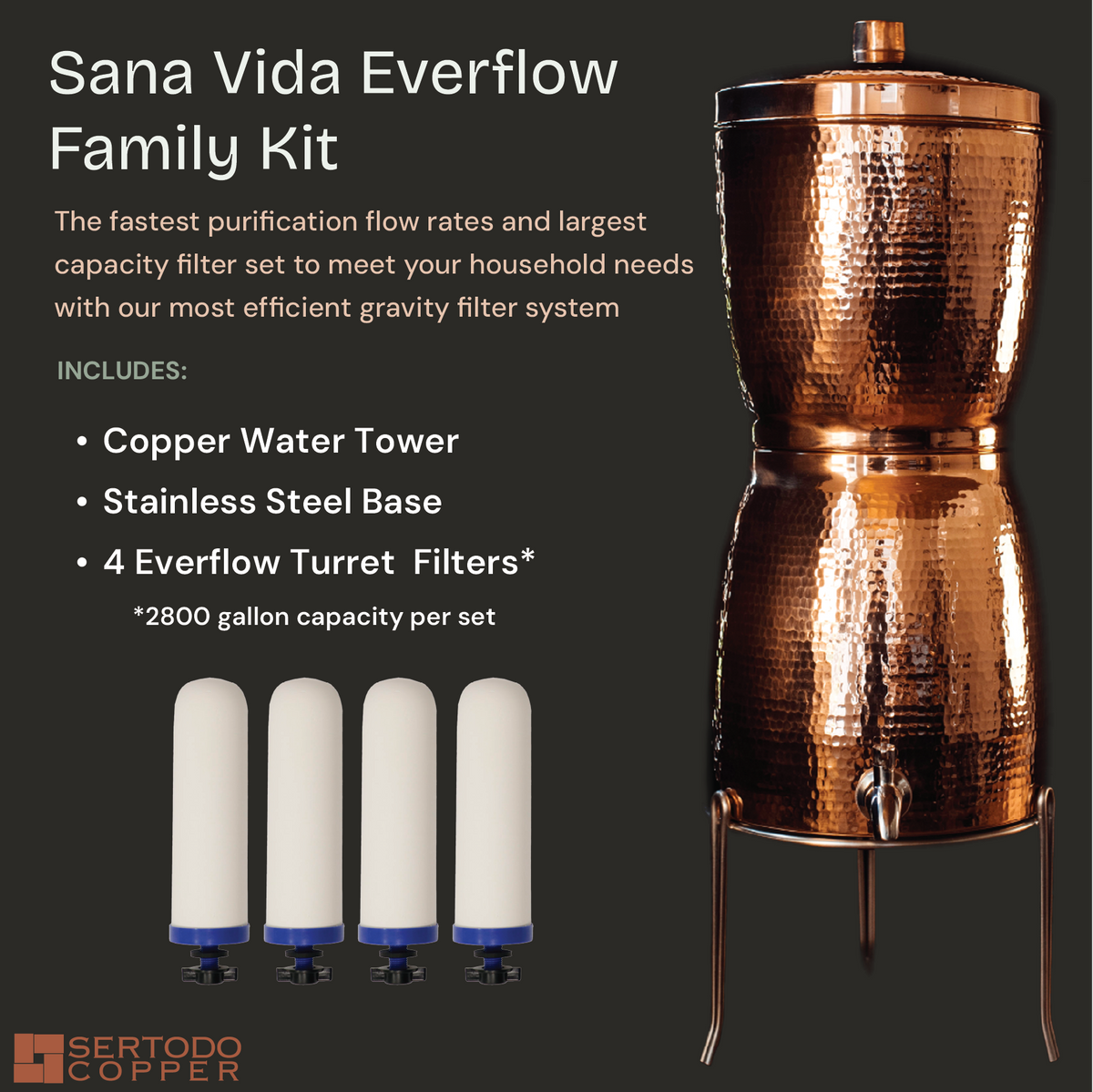 Sana Vida EverFlow Family Kit featuring a hammered copper water tower with four ceramic and carbon filtration elements.
