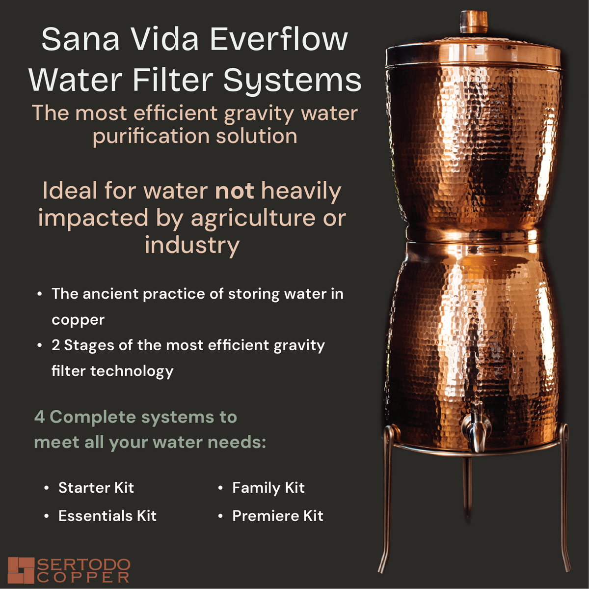 Sana Vida EverFlow hammered copper gravity water filter system with a timeless hourglass design and metal stand.