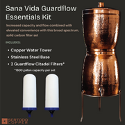 Sana Vida GuardFlow Essentials Kit featuring a hammered solid copper hourglass water filter and two ceramic carbon filters.