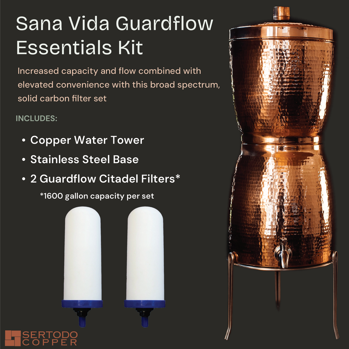 Sana Vida GuardFlow Essentials Kit featuring a hammered solid copper hourglass water filter and two ceramic carbon filters.
