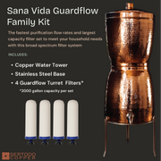 Sana Vida GuardFlow copper water filter system with hourglass design, stainless steel base, and four ceramic turret filters.