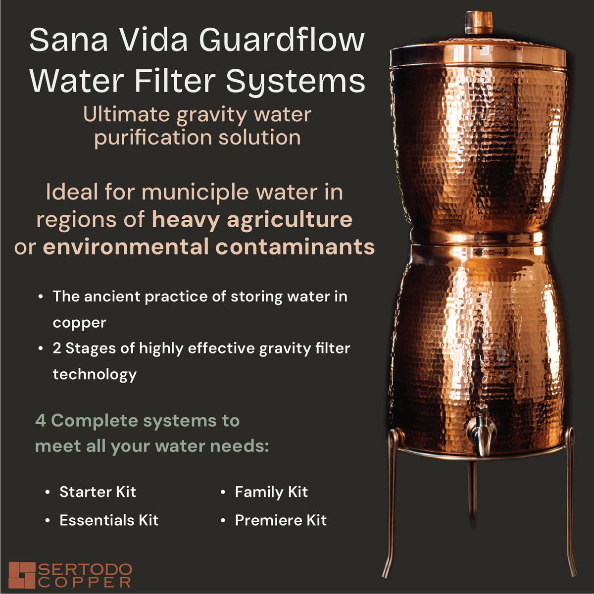 Elegant hourglass-shaped Sana Vida GuardFlow hammered solid copper water filtration system on a metal stand.