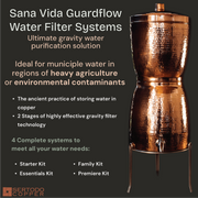 Elegant hourglass-shaped Sana Vida GuardFlow hammered solid copper water filtration system on a metal stand.