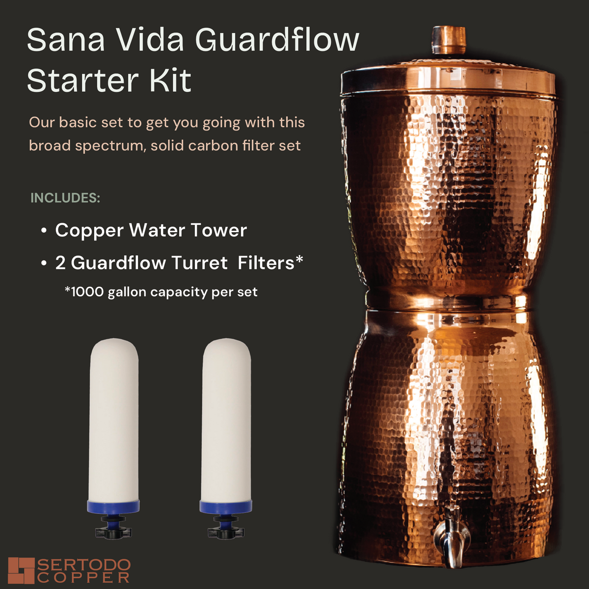 Sana Vida GuardFlow copper water filter starter kit with hourglass-shaped hammered copper tower and two ceramic filters.