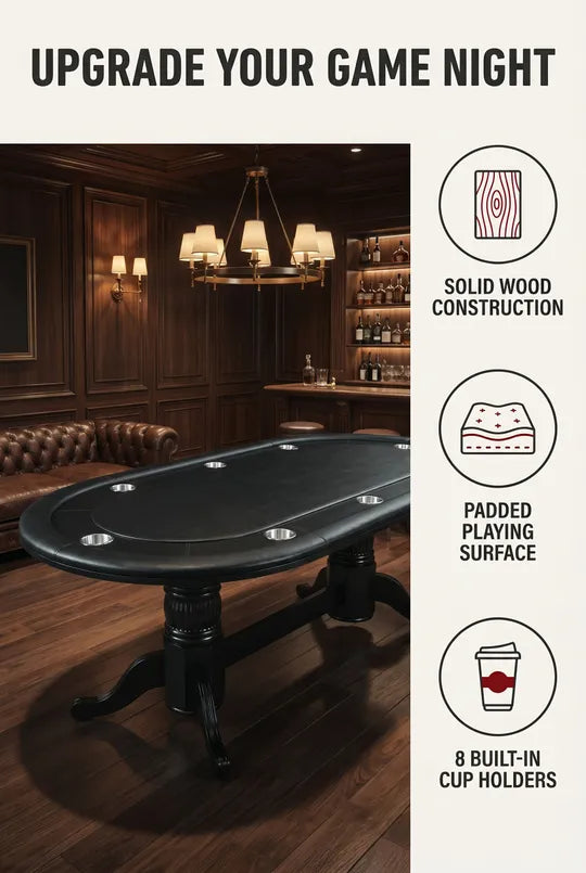 Poker table with features highlighted in a room setting
