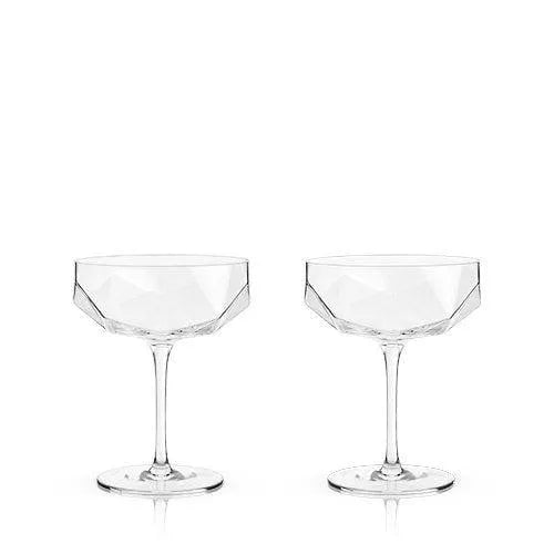 Champagne Glasses - Seneca Crystal Faceted Coupes, Set of 2 by Viski - detail view