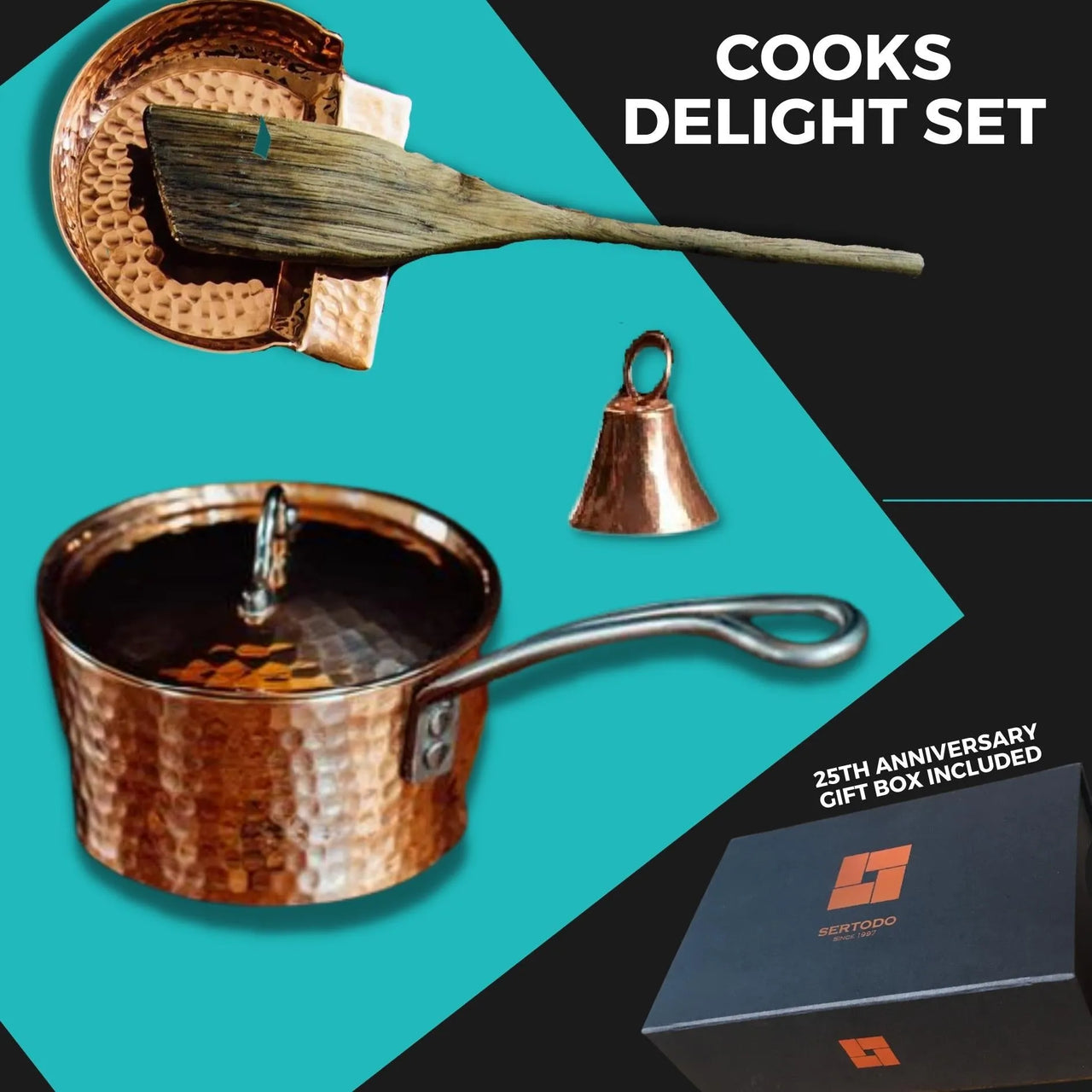 Hammered copper Cook's Delight set: butter pot, spoon rest with wooden spatula, and mantra bell, plus gift box.