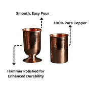 Two hammered copper cocktail glasses: one flat bottom, one rounded with pedestal. Smooth pour, 100% pure copper.