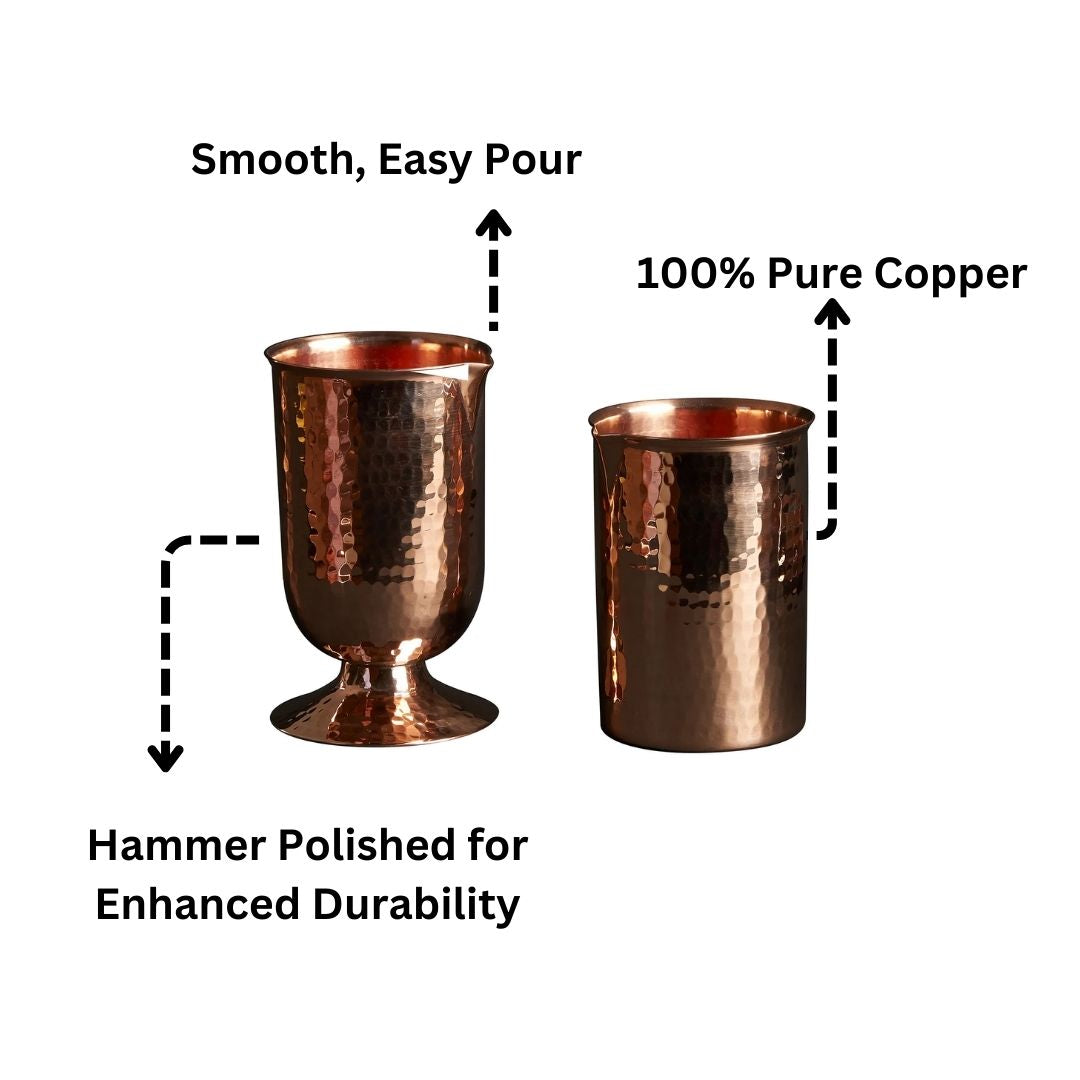 Two hammered copper cocktail glasses: one flat bottom, one rounded with pedestal. Smooth pour, 100% pure copper.
