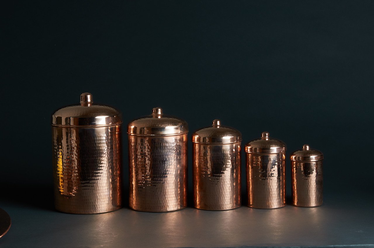 Copper Kitchen Canisters - Complete 5 piece Set - packaging