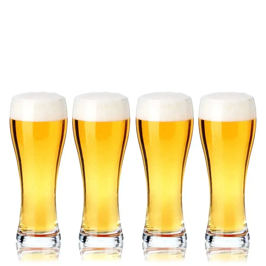 Set of 4 clear 23 oz pilsner beer glasses, each filled with golden beer and white foam.