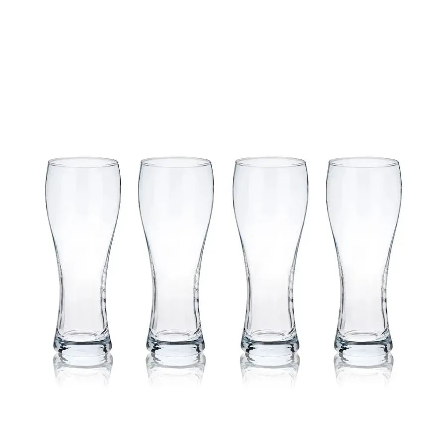 Set of 4 clear glass 23 oz pilsner beer glasses with bulbous rounded tops.