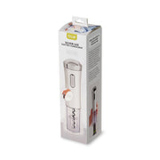 Sleek silver electric wine opener by TRUE in retail packaging with integrated foil cutter and rechargeable AC adapter.