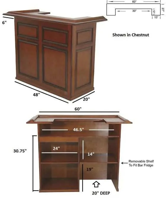 60" English Pub-Style Dry Bar in Chestnut Malaysian Oak with paneled front and internal shelving for fridge.
