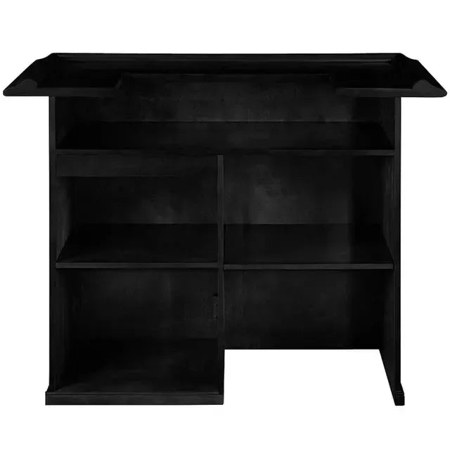 Black 60" English Pub-style dry bar, Malaysian Oak, with paneled front, shelving, and fridge pocket.