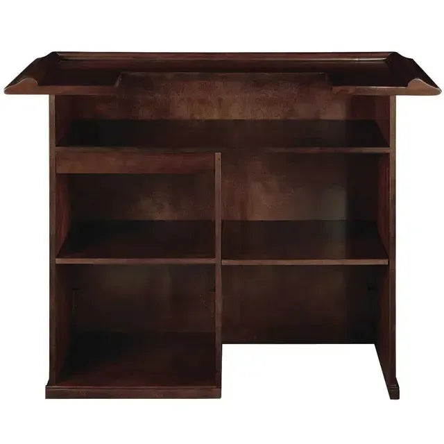 Dark brown Malaysian Oak 60" English pub-style dry bar with shelving and a removable shelf for a mini fridge.