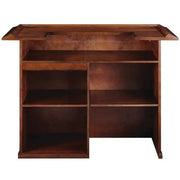 60" English Pub-Style Dry Bar in Malaysian Oak, featuring ample shelving and a removable shelf for a mini fridge.