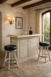 60" English Pub-Style Dry Bar in distressed white Malaysian Oak with paneled front and two black bar stools.