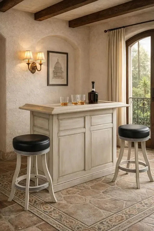 60" English Pub-Style Dry Bar in distressed white Malaysian Oak with paneled front and two black bar stools.