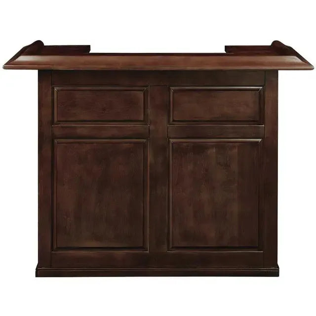 60" English Pub-Style Dry Bar in dark Malaysian Oak with paneled front and raised molding.