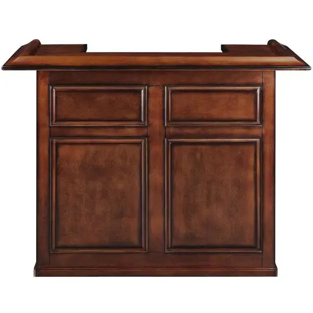 60" English Pub-Style Dry Bar in Malaysian Oak with paneled front and raised molding.