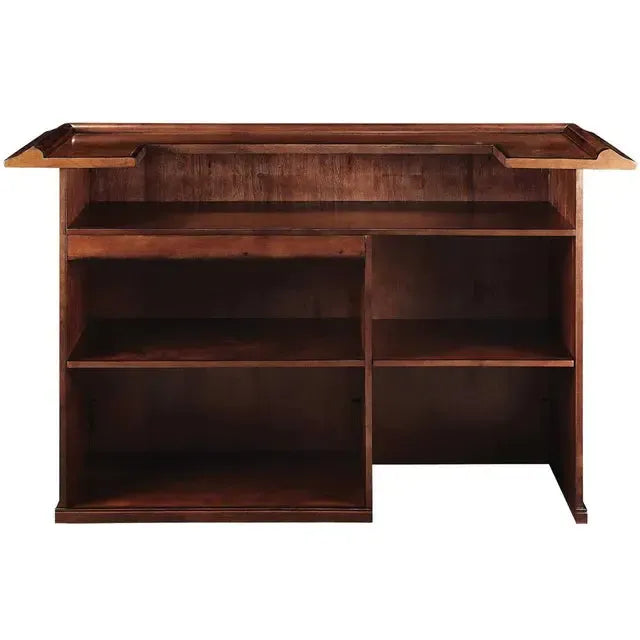 72" English Pub-Style Dry Bar in Malaysian Oak, featuring a rich brown finish and ample shelving.