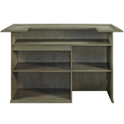 Back view of a 72" English Pub-style dry bar in antique white Malaysian oak with shelves.