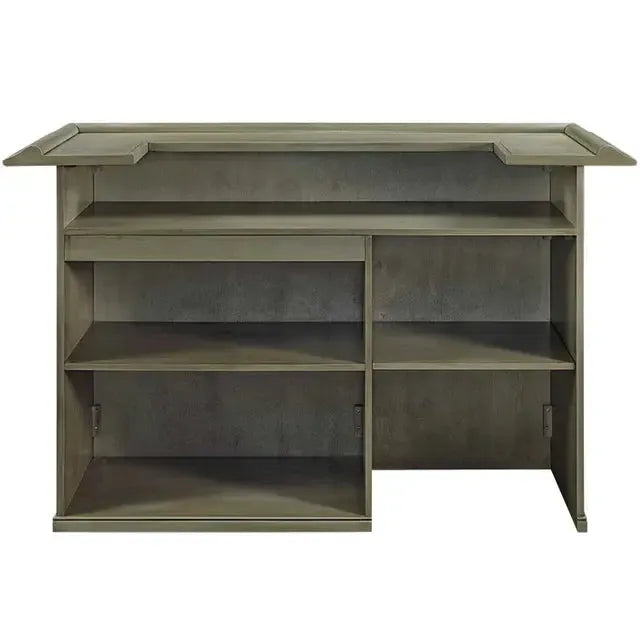 Back view of a 72" English Pub-style dry bar in antique white Malaysian oak with shelves.