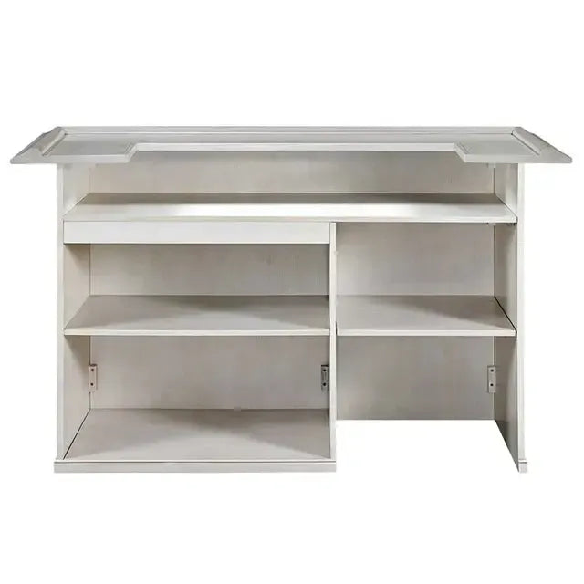 Antique white Malaysian oak 72" English pub-style dry bar with shelving and a removable shelf for a mini fridge.