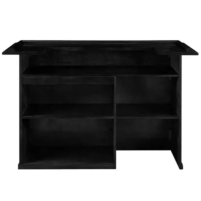 72" English Pub-Style Dry Bar in black Malaysian Oak, featuring paneled front and ample shelving.