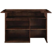 72" English Pub Style Dry Bar in dark Malaysian Oak with shelving and removable fridge pocket.