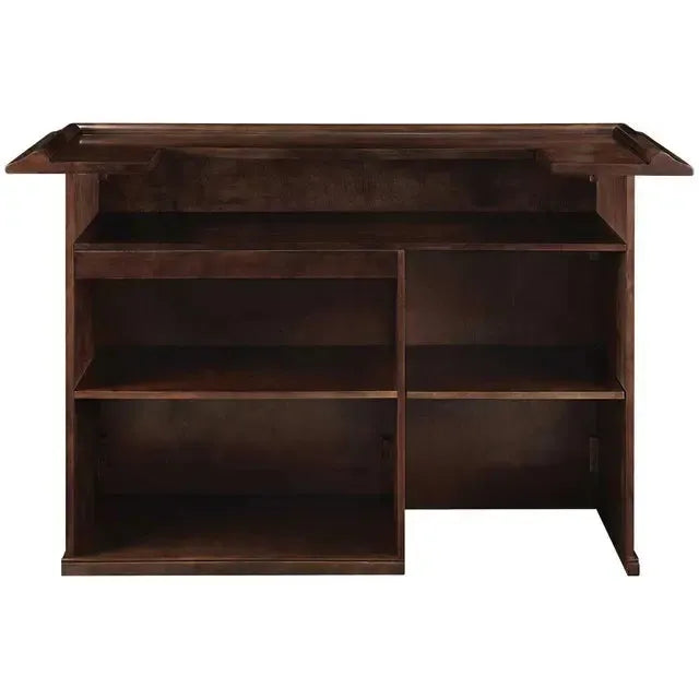 72" English Pub Style Dry Bar in dark Malaysian Oak with shelving and removable fridge pocket.