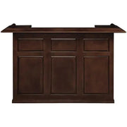 Dark brown Malaysian Oak 72" English Pub-style dry bar with paneled front and raised molding.
