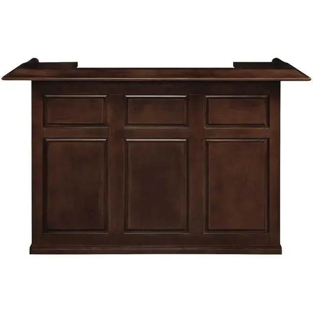 Dark brown Malaysian Oak 72" English Pub-style dry bar with paneled front and raised molding.