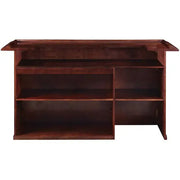 84" English Pub-Style Dry Bar in dark Malaysian Oak with ample shelving and a fridge pocket.