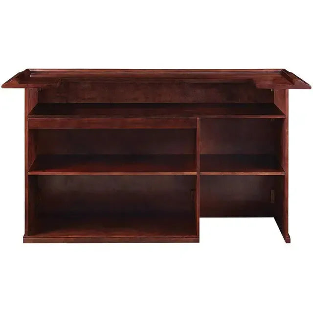 84" English Pub-Style Dry Bar in dark Malaysian Oak with ample shelving and a fridge pocket.