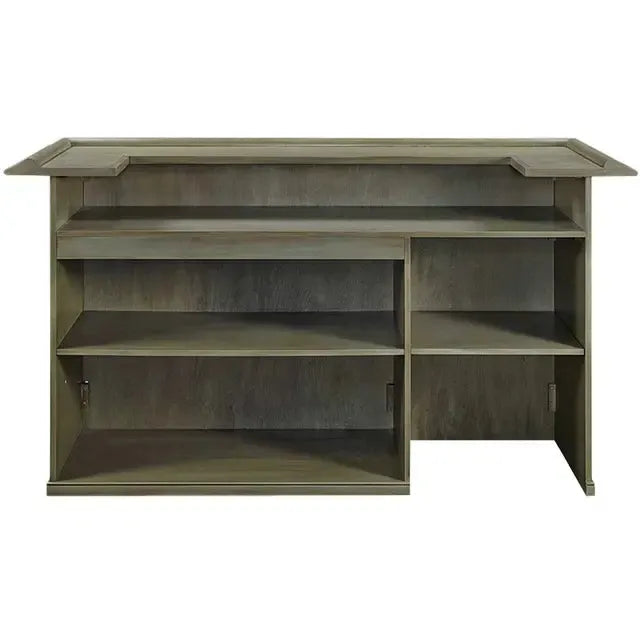 84" English Pub-Style Dry Bar, Antique White Malaysian Oak, with shelving and fridge pocket.