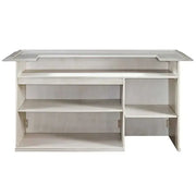 Antique white Malaysian Oak 84" English Pub-style dry bar with shelving and fridge pocket.