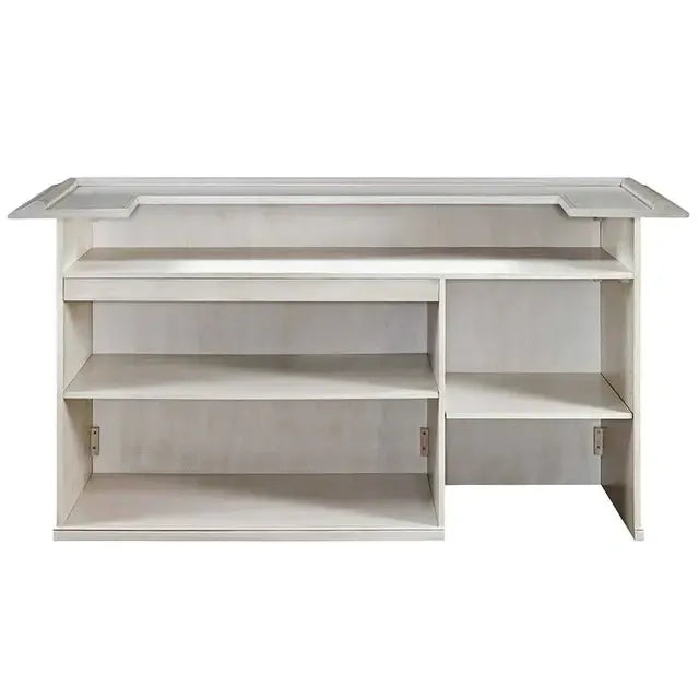 Antique white Malaysian Oak 84" English Pub-style dry bar with shelving and fridge pocket.