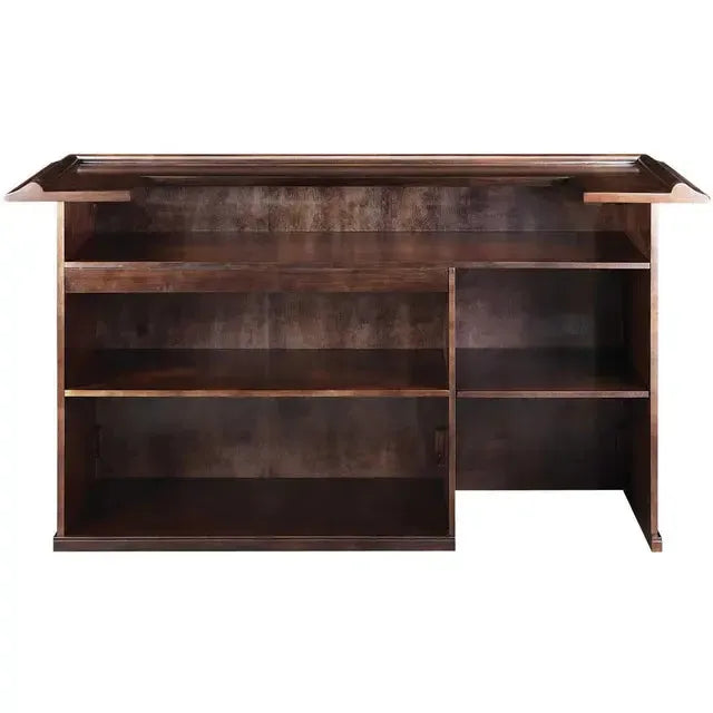 84" English Pub-Style Dry Bar in dark Malaysian Oak with ample shelving and a mini-fridge pocket.